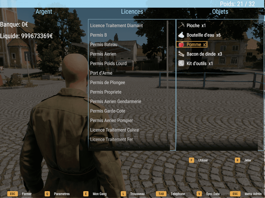 Menu joueur : argent, licences et inventaire — le même qu'Altis Life sur Arma 3.